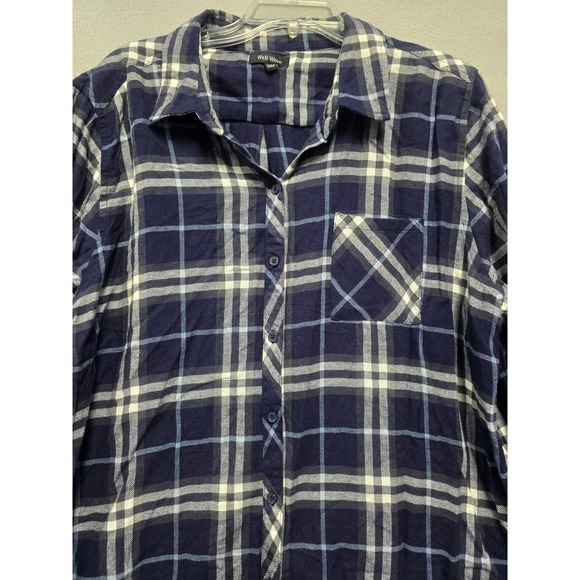 Well Worn Tops - Womens Well Worm XXL Plaid Long Sleeve Button Up Shirt Navy White Casual Shirt